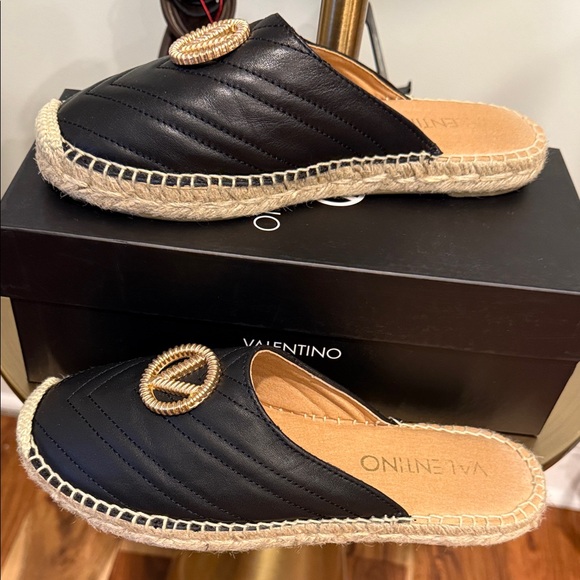 Valentino Shoes - Valentino Clara Black Espadrille Mules with Gold Accent